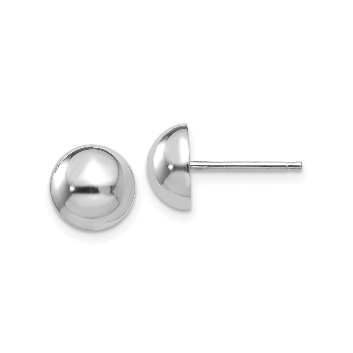 14k White Gold Stud Earrings, Polished Dome Half-Ball Design, Push-Back Style