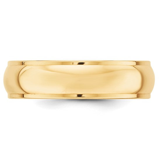 14K Yellow Gold Half Round Solid Wedding Band With Fancy Edge, 6mm Domed