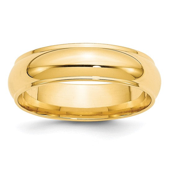 14K Yellow Gold Half Round Solid Wedding Band With Fancy Edge, 6mm Domed