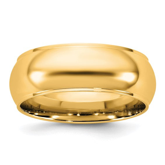 Solid 14K Yellow Gold Half Round Wedding Band, 7mm Domed Ring With Fancy Edge