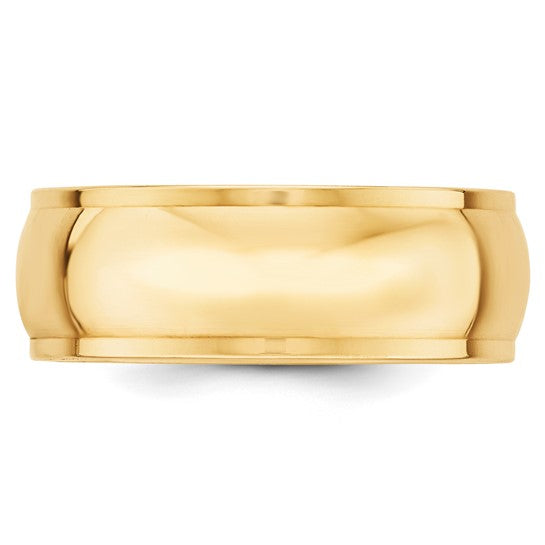 14K Yellow Gold Half Round Wedding Band, 8mm Domed Ring With Fancy Edge