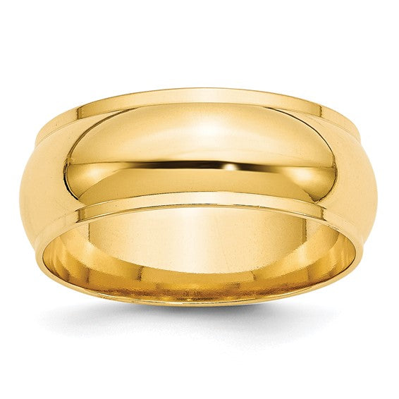 14K Yellow Gold Half Round Wedding Band, 8mm Domed Ring With Fancy Edge