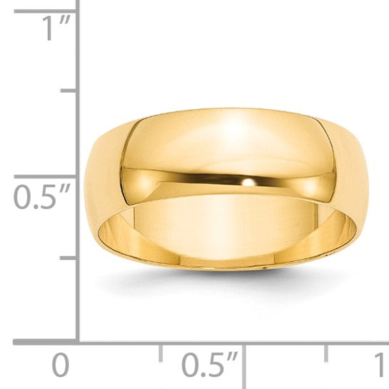 14K Yellow Gold Half-Round Domed Wedding Band, Lightweight 7mm Solid Ring