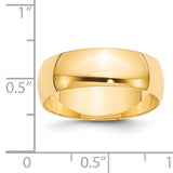 14K Yellow Gold Half-Round Domed Wedding Band, Lightweight 7mm Solid Ring