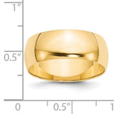 14K Yellow Gold Half Round Domed 8mm Lightweight Wedding Band