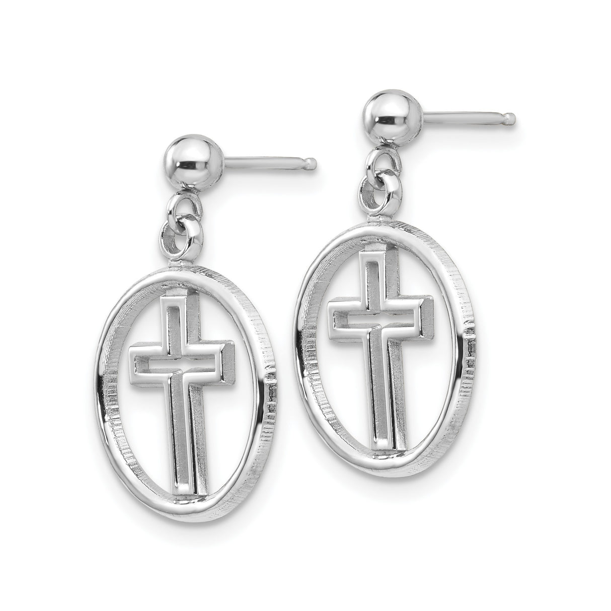 14k White Gold Cross Dangle Earrings with Polished Finish and Modern Floating Center Design