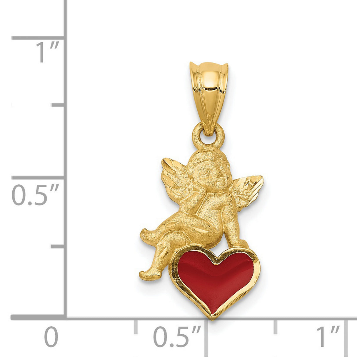 Angel Sitting Red Heart Charm Pendant in Real 14k Yellow Gold