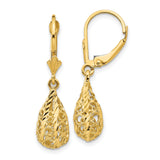 14k Yellow Gold Dangle Earrings with Intricate Teardrop Filigree Design and Leverback Closures