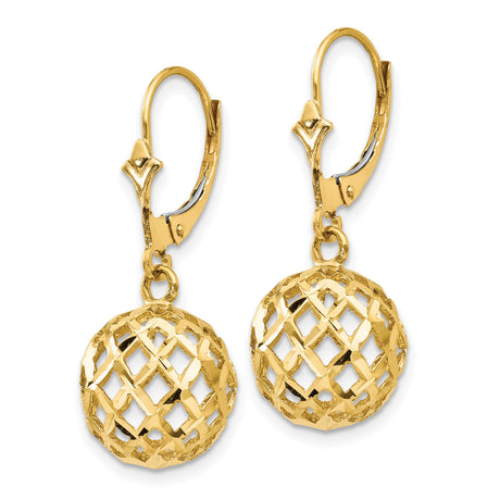 14k Yellow Gold Dangle Earrings with Openwork Lattice Ball Drops, Geometric Design, Leverback Closure
