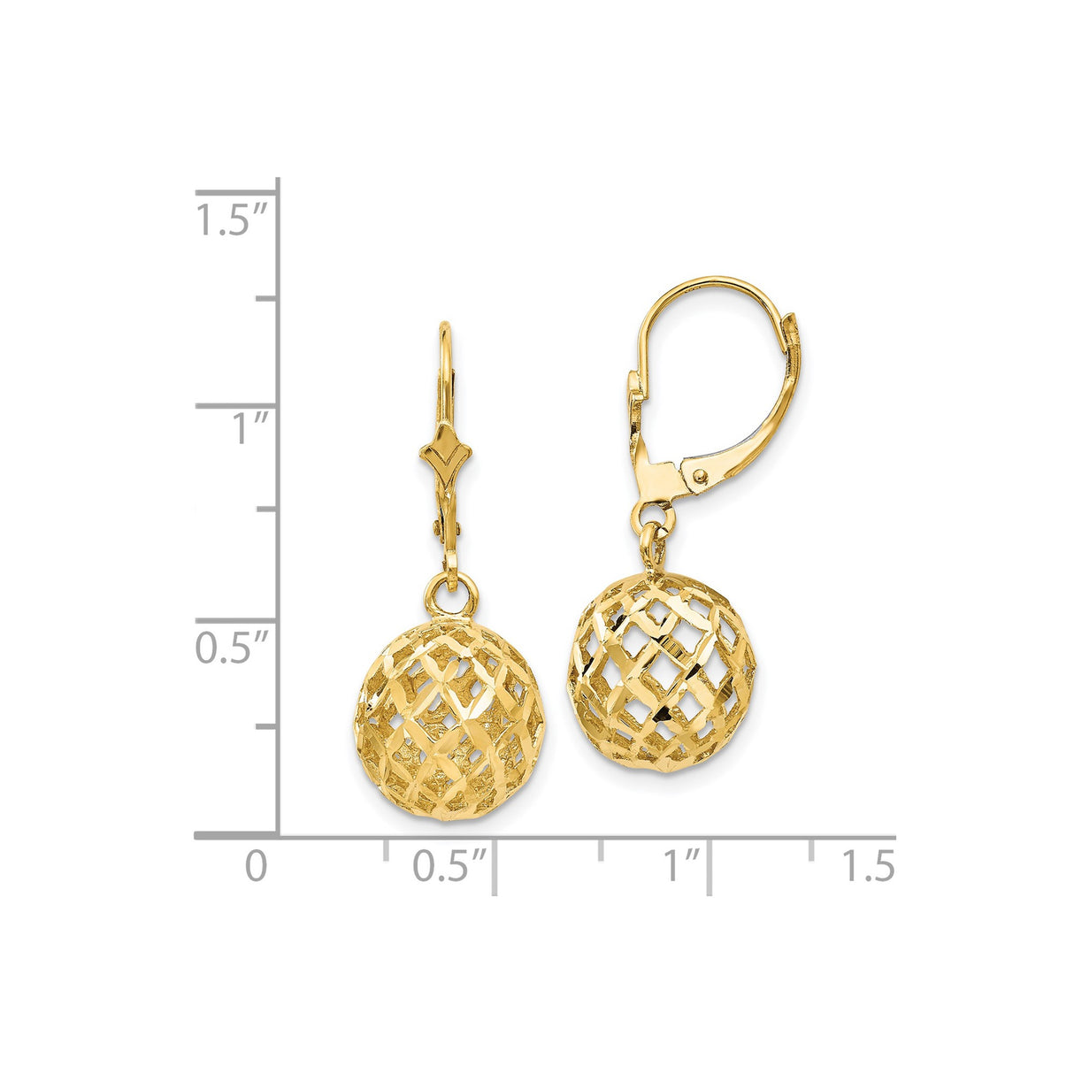 14k Yellow Gold Dangle Earrings with Openwork Lattice Ball Drops, Geometric Design, Leverback Closure