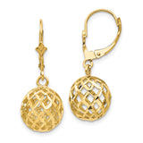 14k Yellow Gold Dangle Earrings with Openwork Lattice Ball Drops, Geometric Design, Leverback Closure