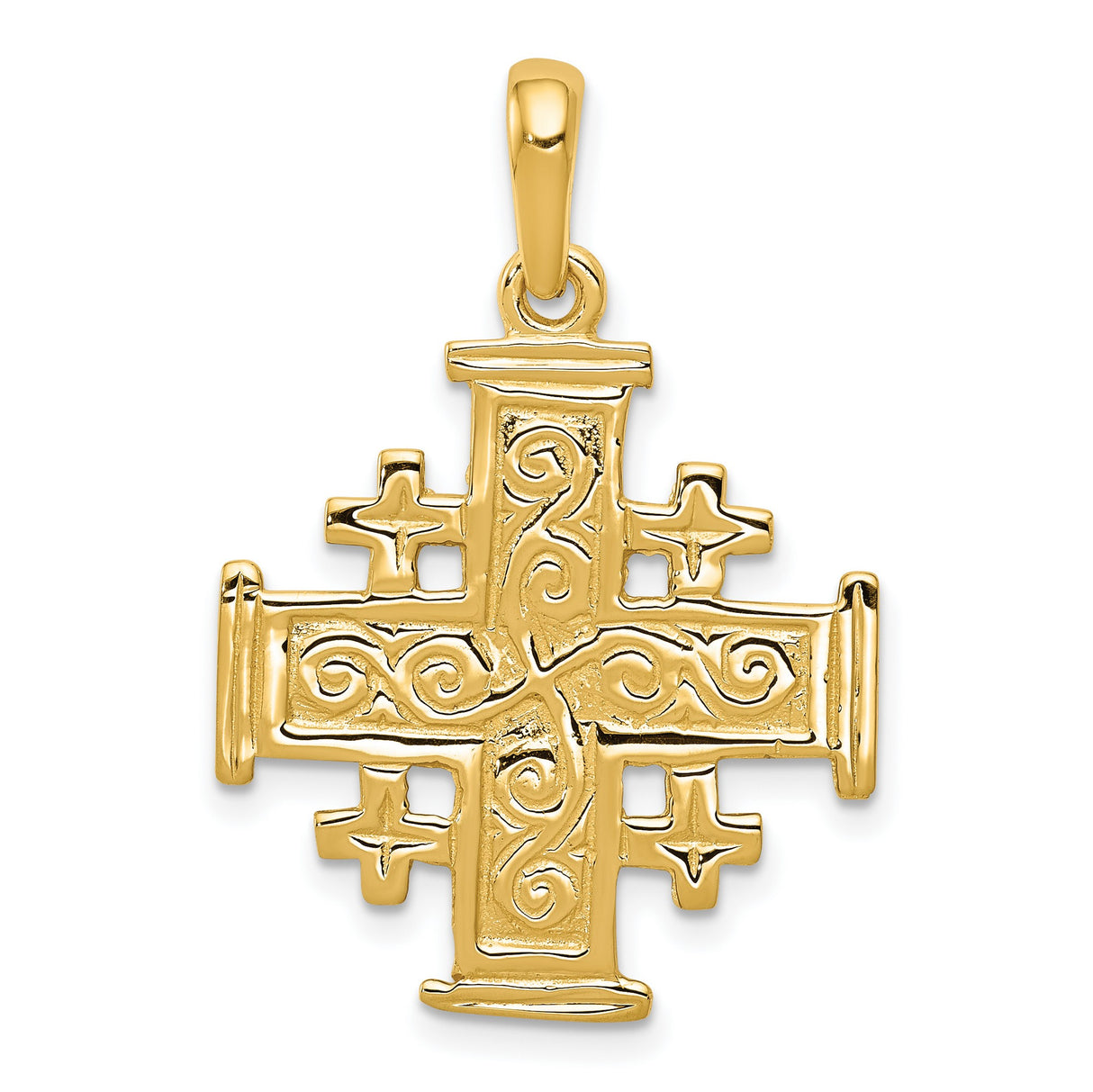 Solid Scrolled Jerusalem Cross Charm Pendant in Real 14k Yellow Gold