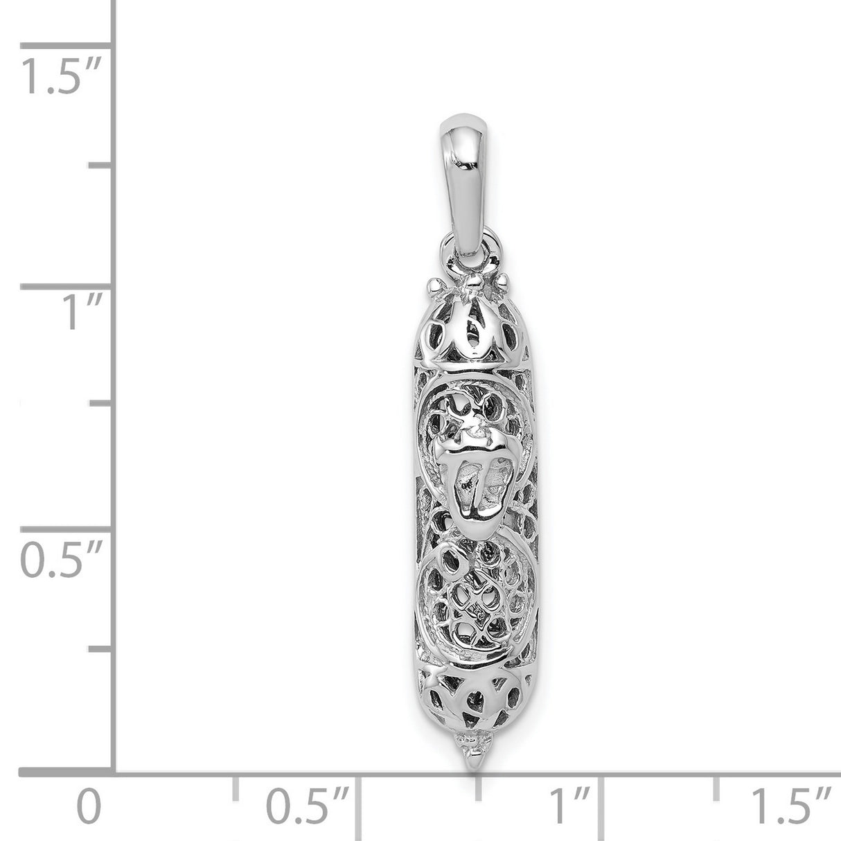 14k White Gold Mezuzah Pendant with Filigree Design and Hebrew Shin Symbol