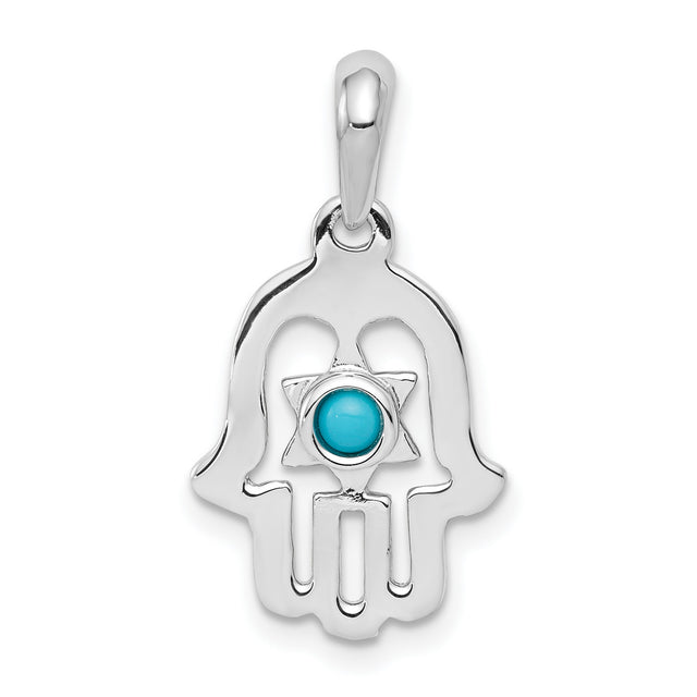 14k White Gold Hamsa Pendant with Turquoise in Star of David, Jewish Religious Symbol