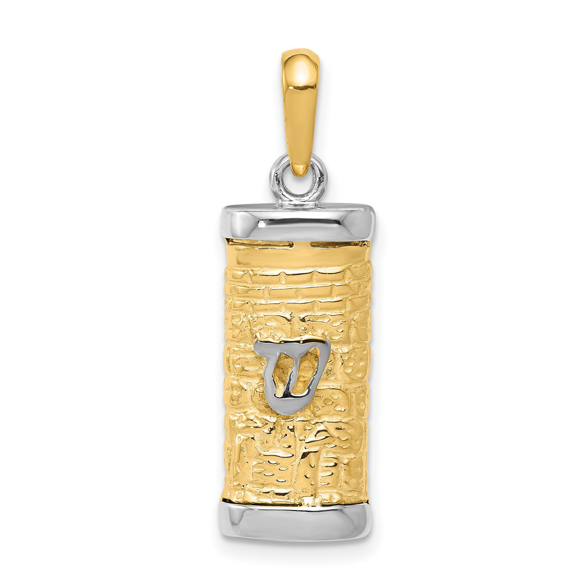 Hollow Mezuzah With Accent Shin Letter Charm Pendant in Real 14k Multi-Tone Gold