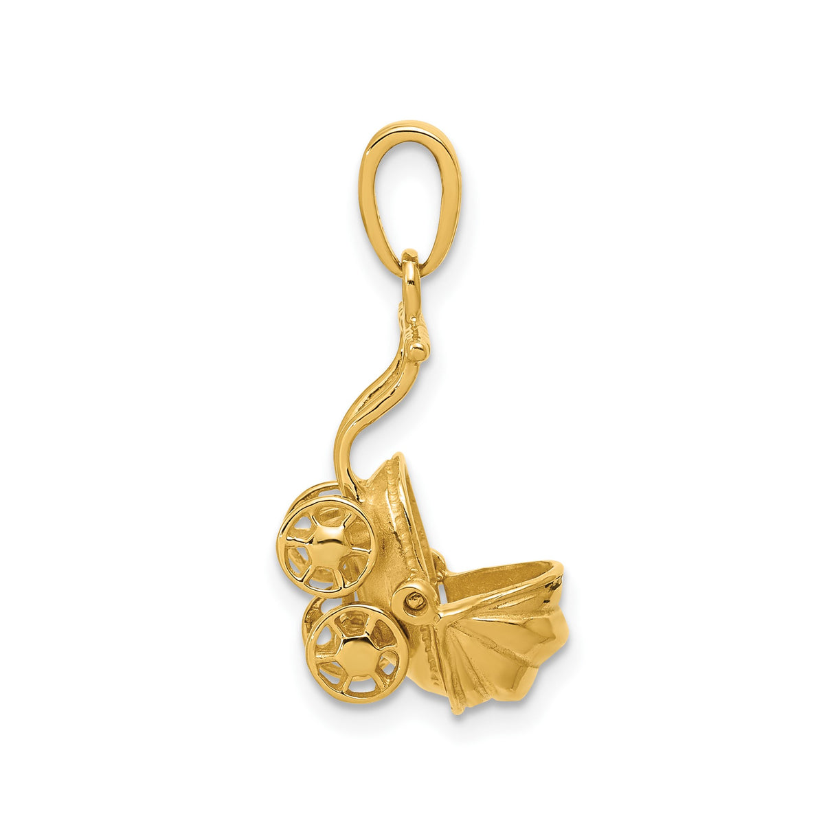 14k Yellow Gold Baby Stroller Pendant, Sentimental Pram Charm Symbolizing Motherhood and Family