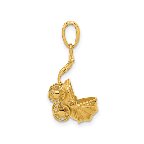 14k Yellow Gold Baby Stroller Pendant, Sentimental Pram Charm Symbolizing Motherhood and Family