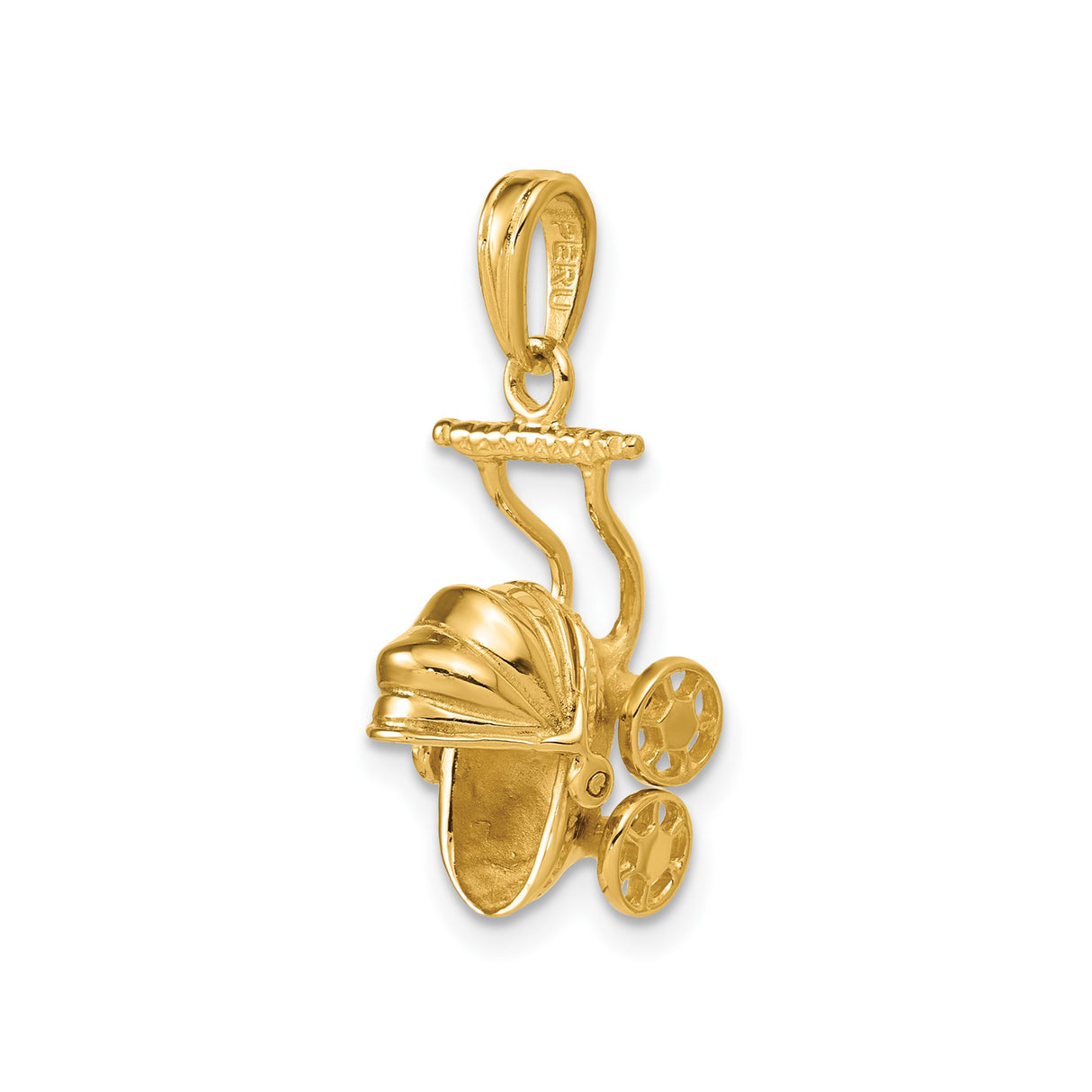 14k Yellow Gold Baby Stroller Pendant, Sentimental Pram Charm Symbolizing Motherhood and Family
