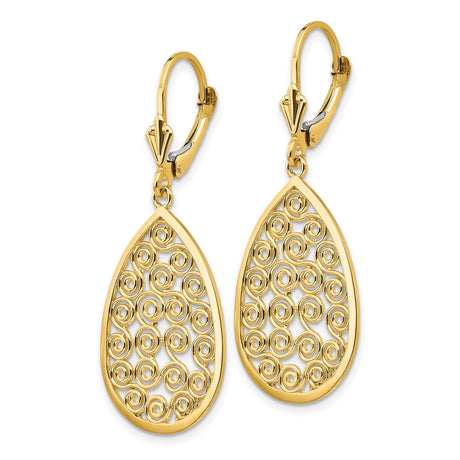 14k Yellow Gold Teardrop Dangle Earrings with Swirling Filigree Openwork Design