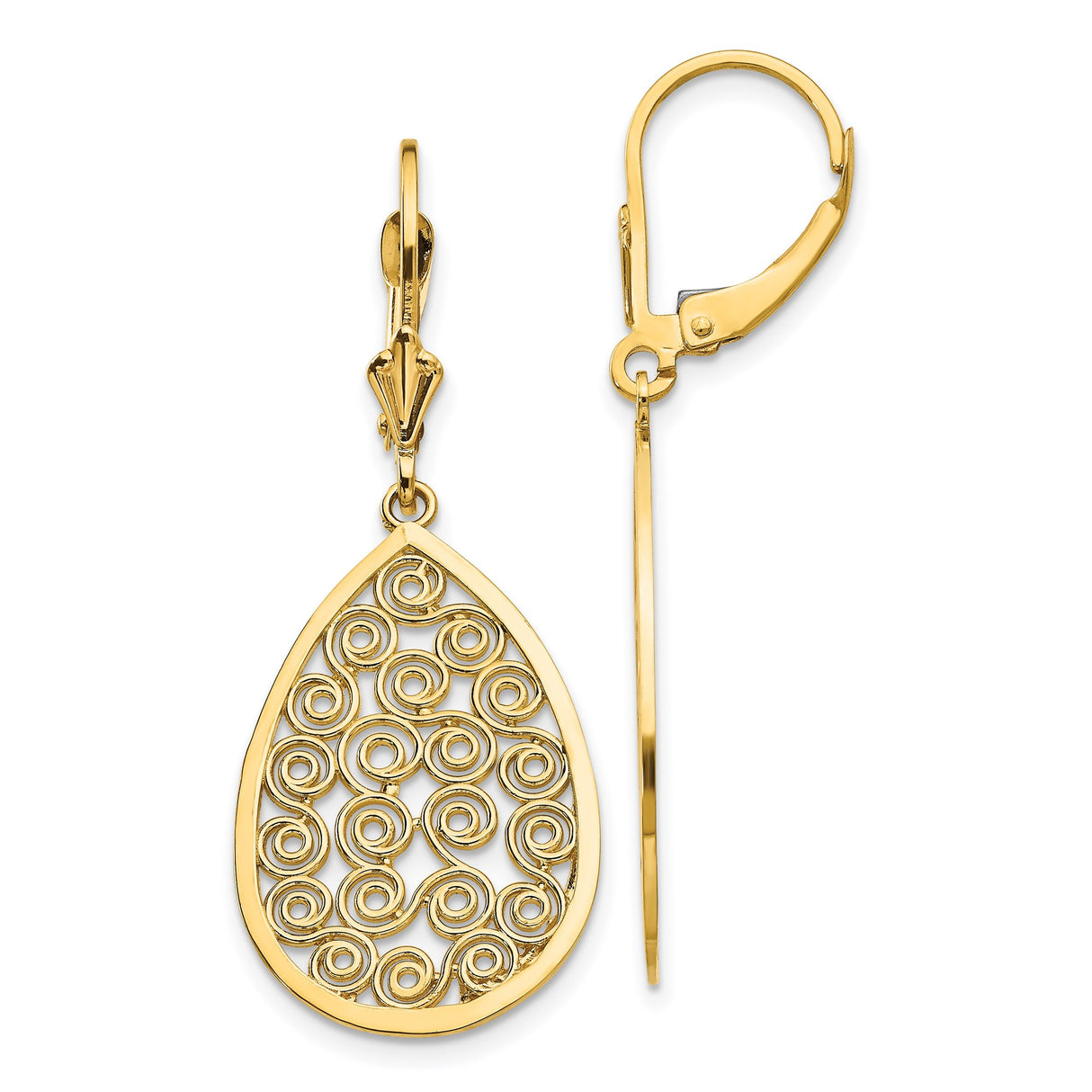 14k Yellow Gold Teardrop Dangle Earrings with Swirling Filigree Openwork Design