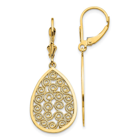 14k Yellow Gold Teardrop Dangle Earrings with Swirling Filigree Openwork Design