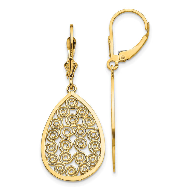 14k Yellow Gold Teardrop Dangle Earrings with Swirling Filigree Openwork Design