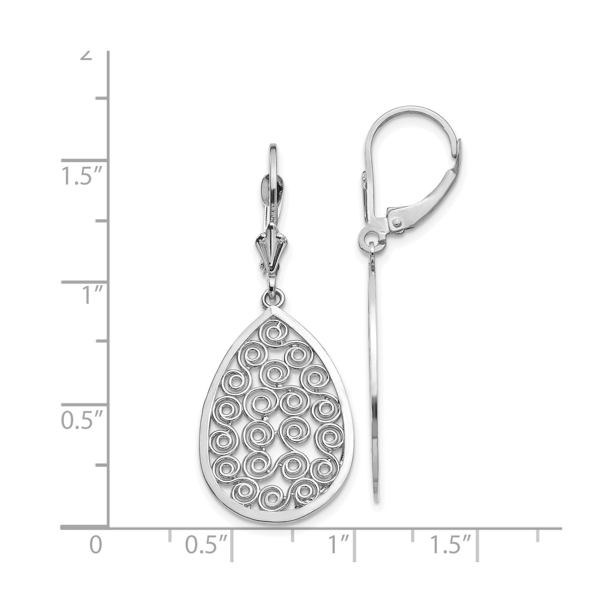 14k White Gold Dangle Earrings with Teardrop Swirl Filigree Design Leverback Style