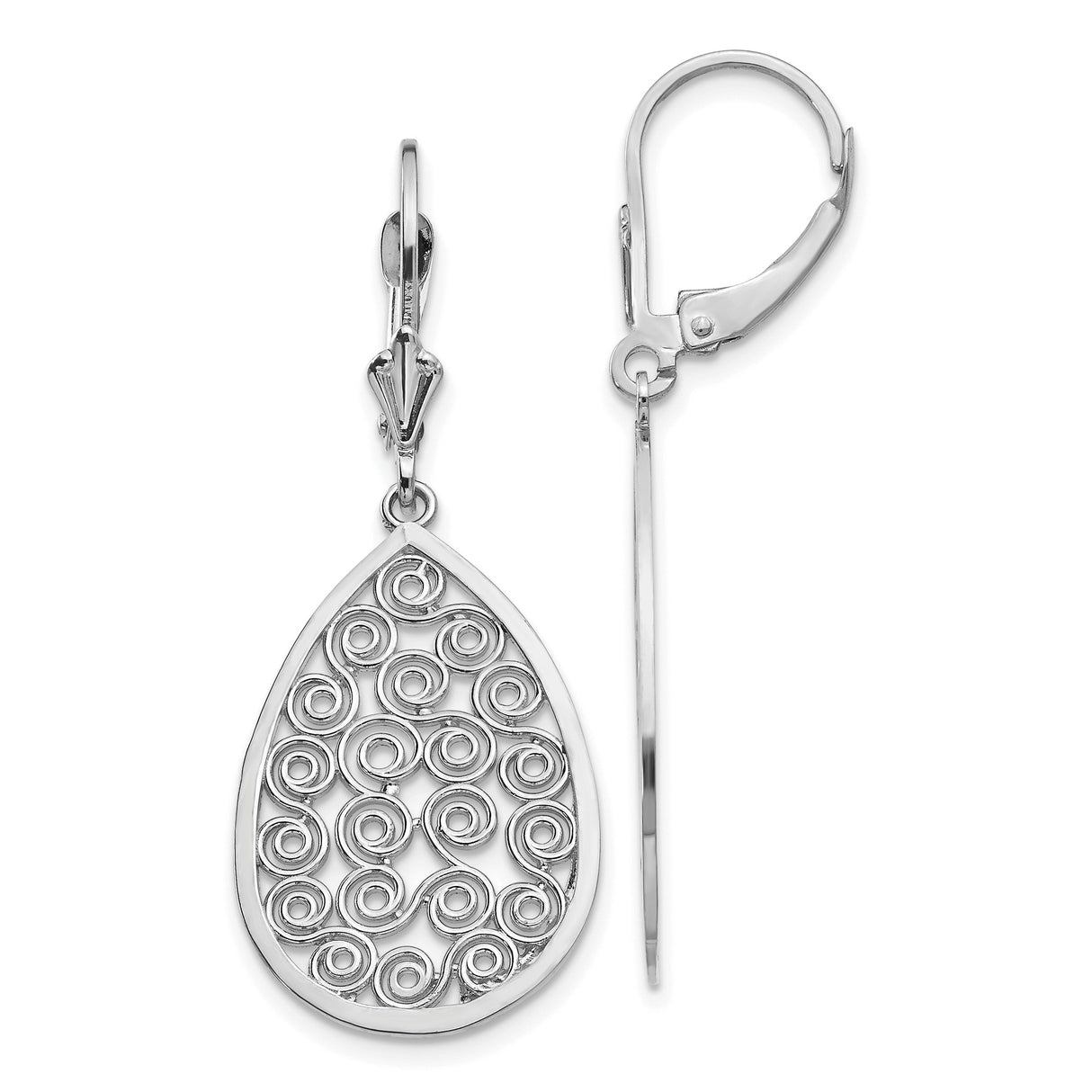 14k White Gold Dangle Earrings with Teardrop Swirl Filigree Design Leverback Style