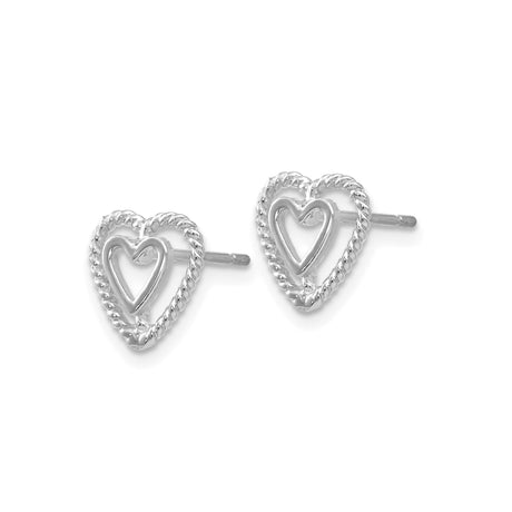 14k White Gold Heart Stud Earrings with Double Open Heart and Twisted Border Design