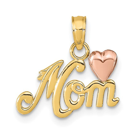 14k Two-Tone Gold Mom Pendant with Rose Gold Heart Accent, Heart Design Charm