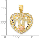 14k Two-Tone Gold Heart Pendant with MOM Cutout, Rose Accent, Filigree Design