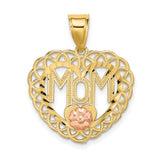 14k Two-Tone Gold Heart Pendant with MOM Cutout, Rose Accent, Filigree Design