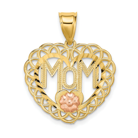 14k Two-Tone Gold Heart Pendant with MOM Cutout, Rose Accent, Filigree Design