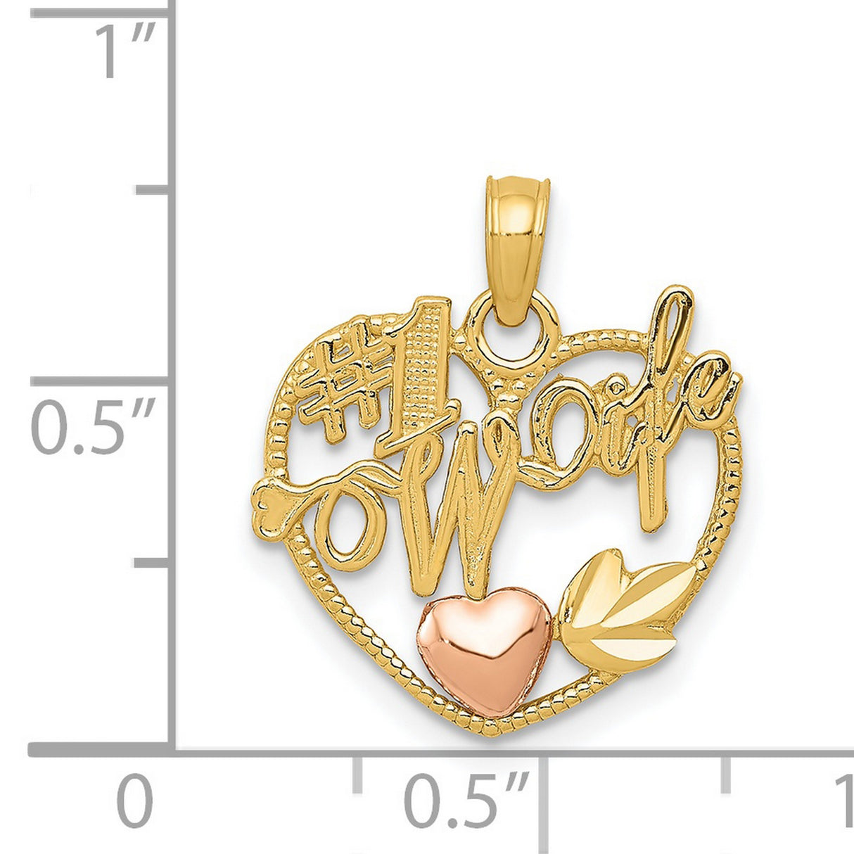 #1 Wife Words And Rose Tone Flower In Open Heart Charm Pendant in Real 14k Multi-Tone Gold