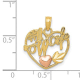 #1 Wife Words And Rose Tone Flower In Open Heart Charm Pendant in Real 14k Multi-Tone Gold