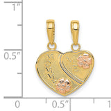 Mom Me Words Break-Apart Heart And Flowers Charm Pendant in Real 14k Multi-Tone Gold