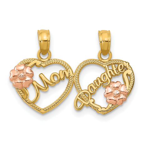 Mom Daughter Words Break-Apart Hearts And Flowers Charm Pendant in Real 14k Multi-Tone Gold