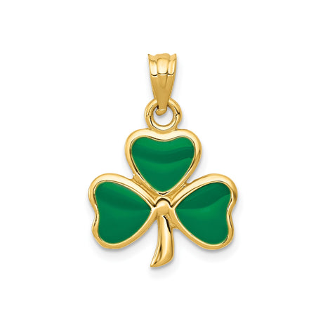 14k Yellow Gold Shamrock Pendant with Green Enamel Leaves, Irish Three-Leaf Clover Charm