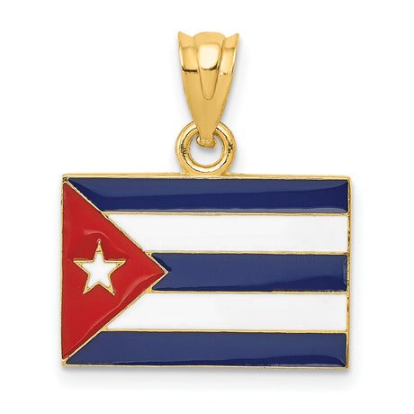 14k Yellow Gold Cuban Flag Pendant with Red White Blue Enamel and White Star Symbol