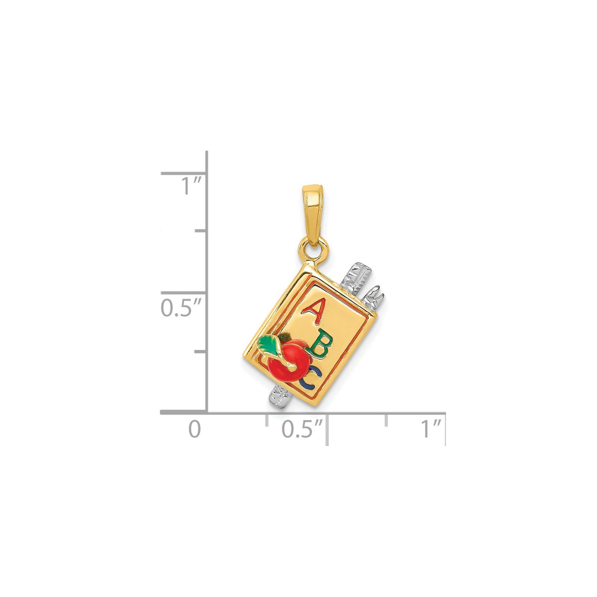 14k Two-Tone Gold Book Pendant with ABC Letters and Red Apple, Teacher Education Charm
