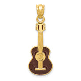 14k Yellow Gold Guitar Pendant with Brown Enamel, Acoustic Music Charm for Musicians