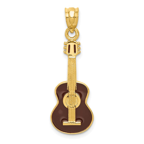 14k Yellow Gold Guitar Pendant with Brown Enamel, Acoustic Music Charm for Musicians