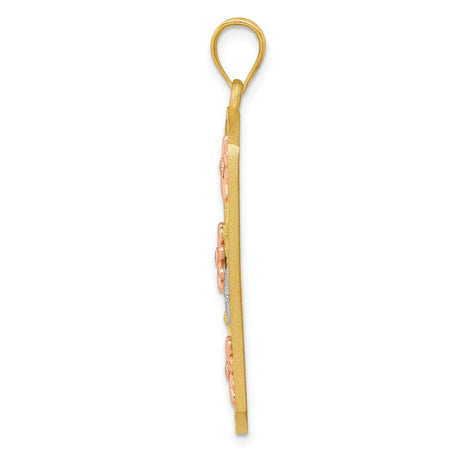 14k Two-Tone Gold Vertical Openwork Pendant with Yellow, White and Rose Gold Daisies