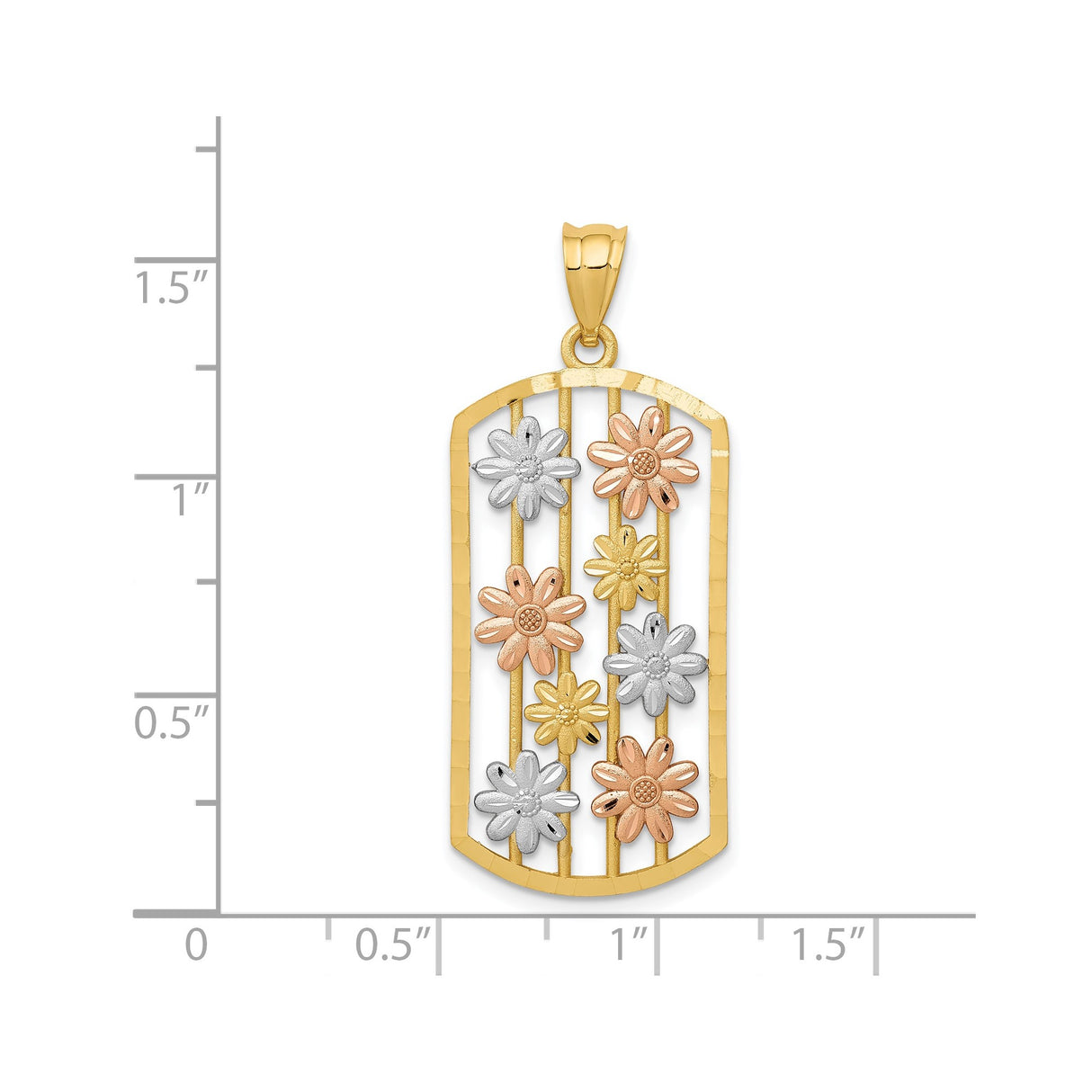 14k Two-Tone Gold Vertical Openwork Pendant with Yellow, White and Rose Gold Daisies