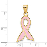 14k Yellow Gold Pink Ribbon Pendant with Enamel Detailing, Breast Cancer Awareness Jewelry for Women