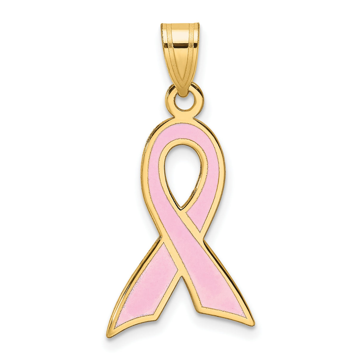 14k Yellow Gold Pink Ribbon Pendant with Enamel Detailing, Breast Cancer Awareness Jewelry for Women