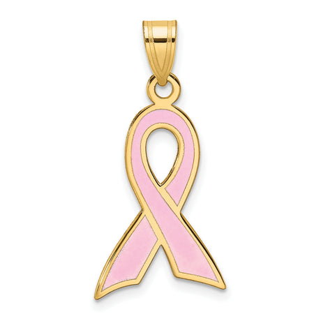 14k Yellow Gold Pink Ribbon Pendant with Enamel Detailing, Breast Cancer Awareness Jewelry for Women