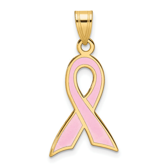 14k Yellow Gold Pink Ribbon Pendant with Enamel Detailing, Breast Cancer Awareness Jewelry for Women