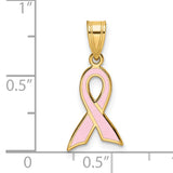 14k Yellow Gold Pendant with Pink Enamel Ribbon, Breast Cancer Awareness Charm for Women