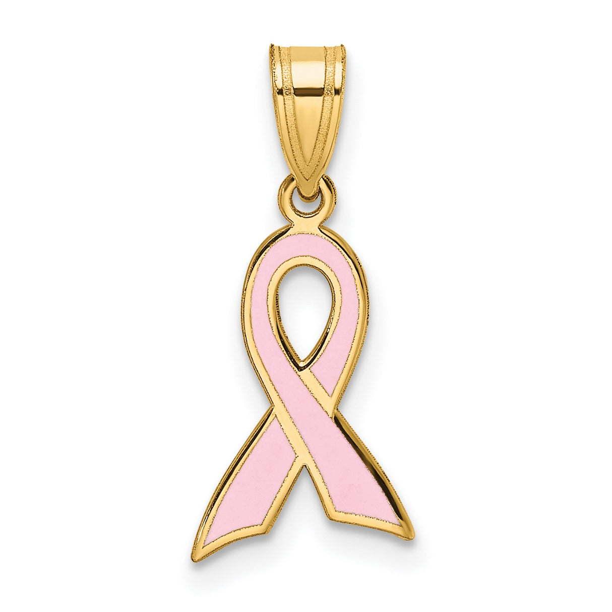 14k Yellow Gold Pendant with Pink Enamel Ribbon, Breast Cancer Awareness Charm for Women